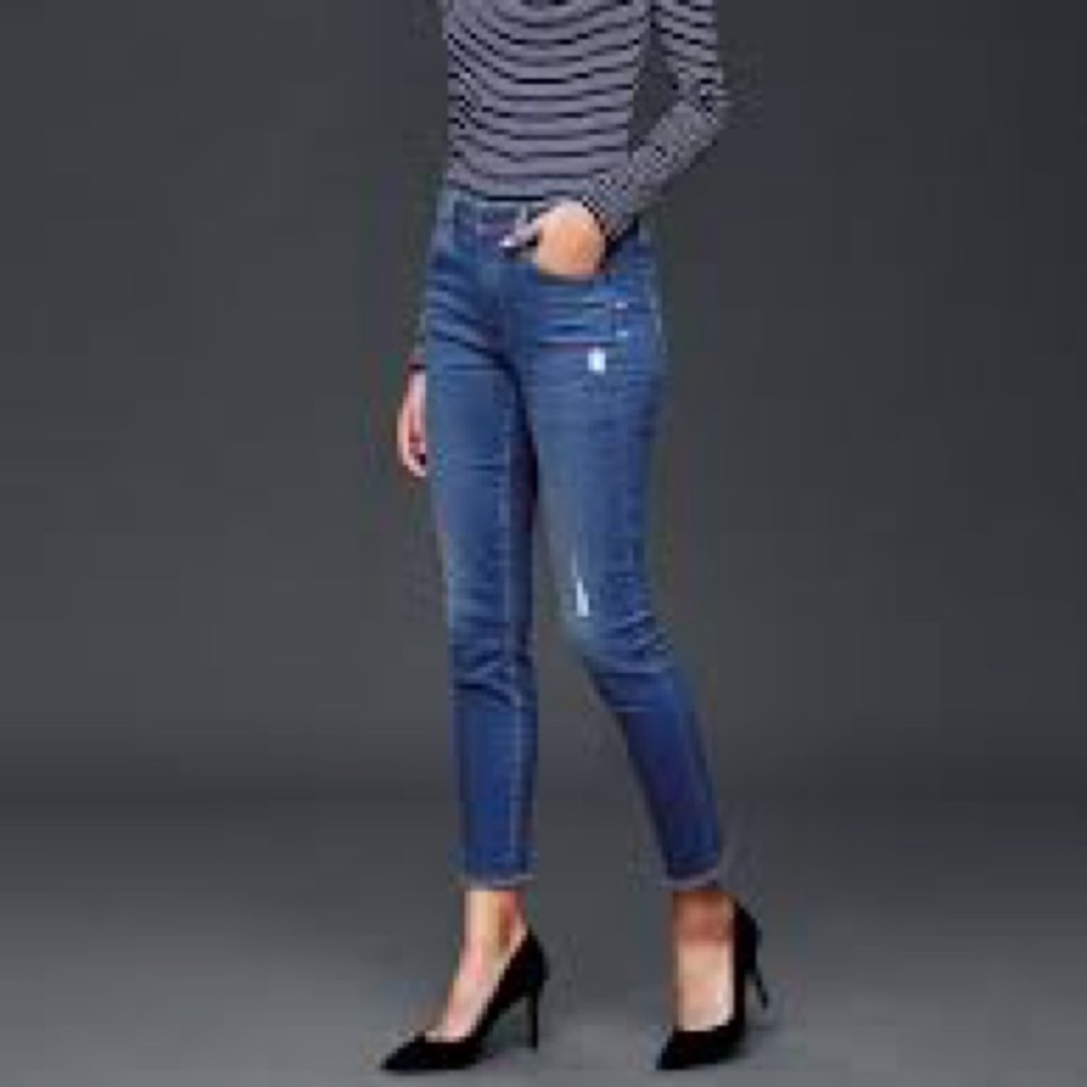 26 1969 Gap True Skinny Ankle distressed blue denim jeans frayed edge destructed